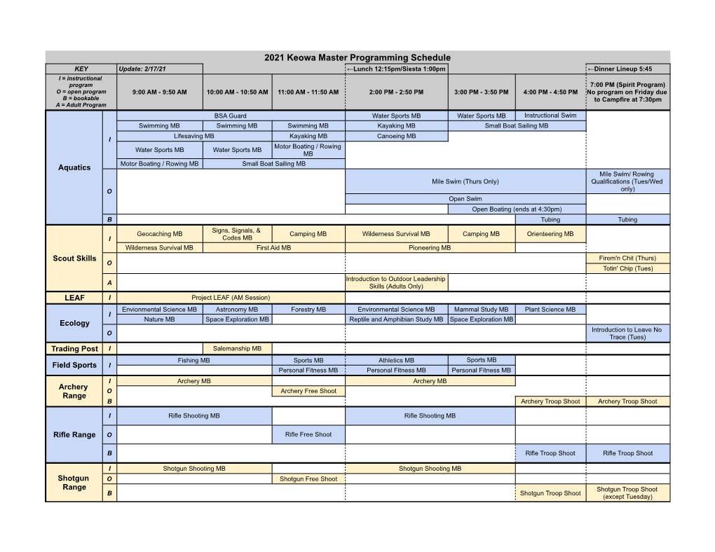 2021 Camp Keowa Master Programming Schedule