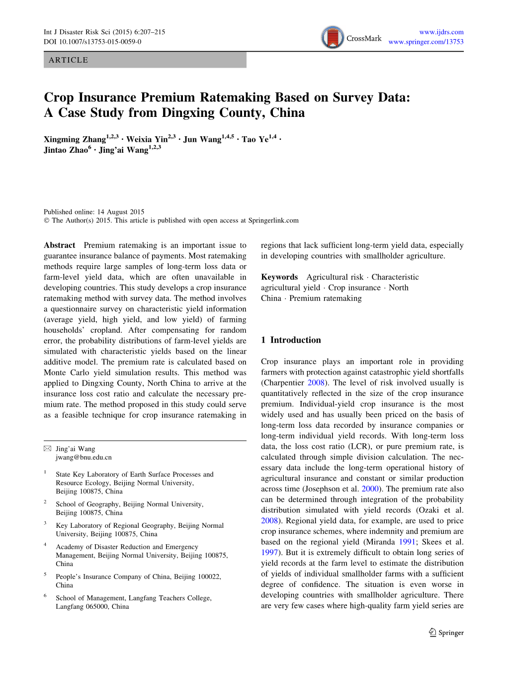 Crop Insurance Premium Ratemaking Based on Survey Data: a Case Study from Dingxing County, China