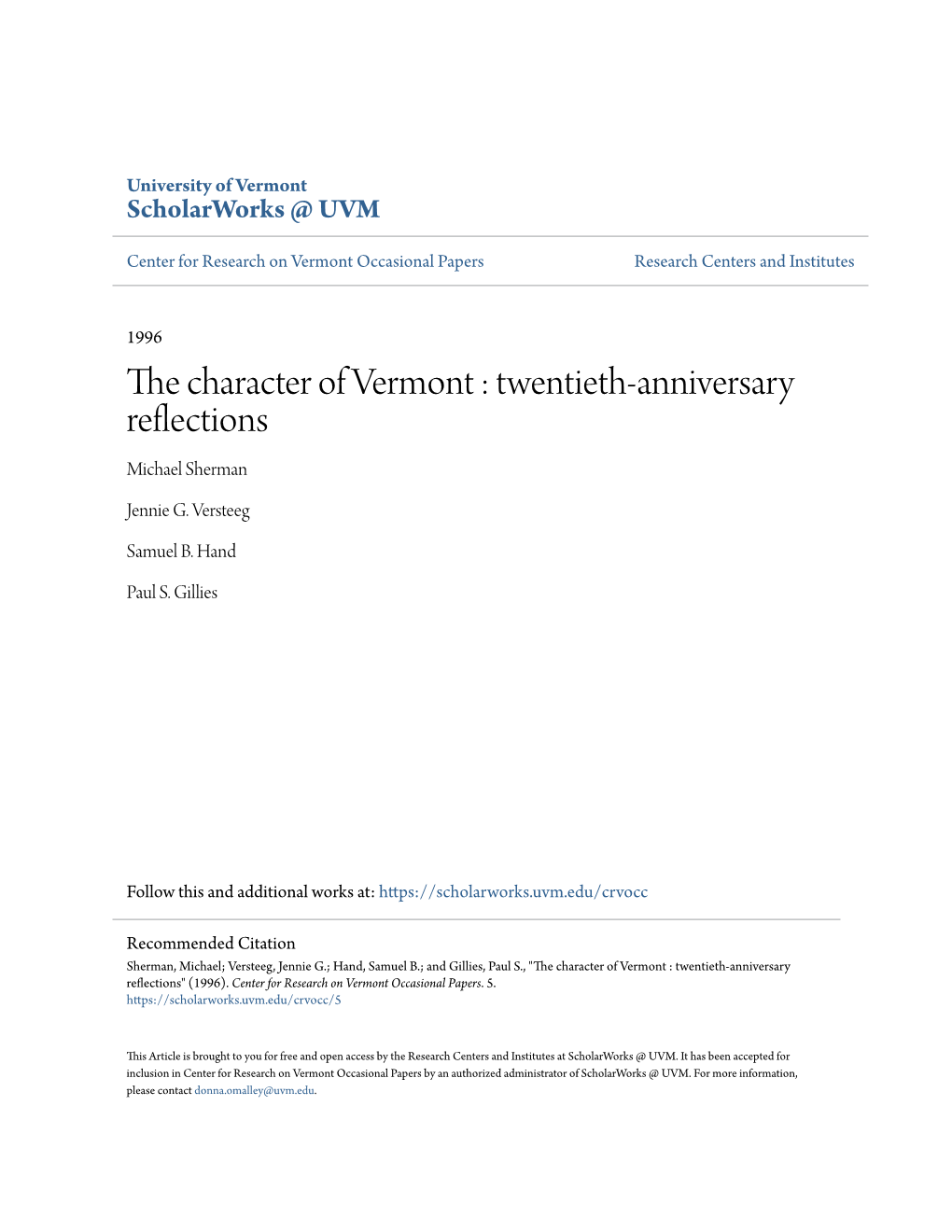 The Character of Vermont : Twentieth-Anniversary Reflections Michael Sherman