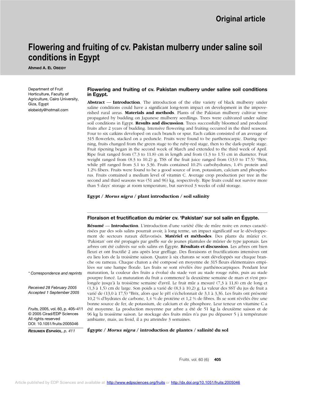 Flowering and Fruiting of Cv. Pakistan Mulberry Under Saline Soil Conditions in Egypt