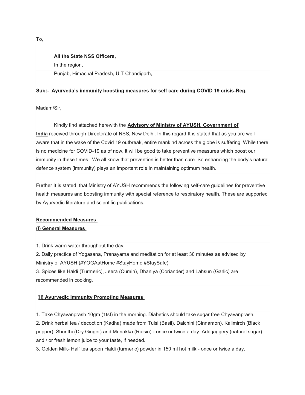 Ayurveda's Immunity Boosting Measures for Self Care During COVID-19 Crisis Among All NSS Functionaries Under Your Jurisdiction