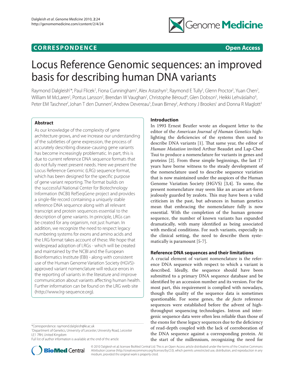 Locus Reference Genomic Sequences: an Improved Basis for Describing Human DNA Variants