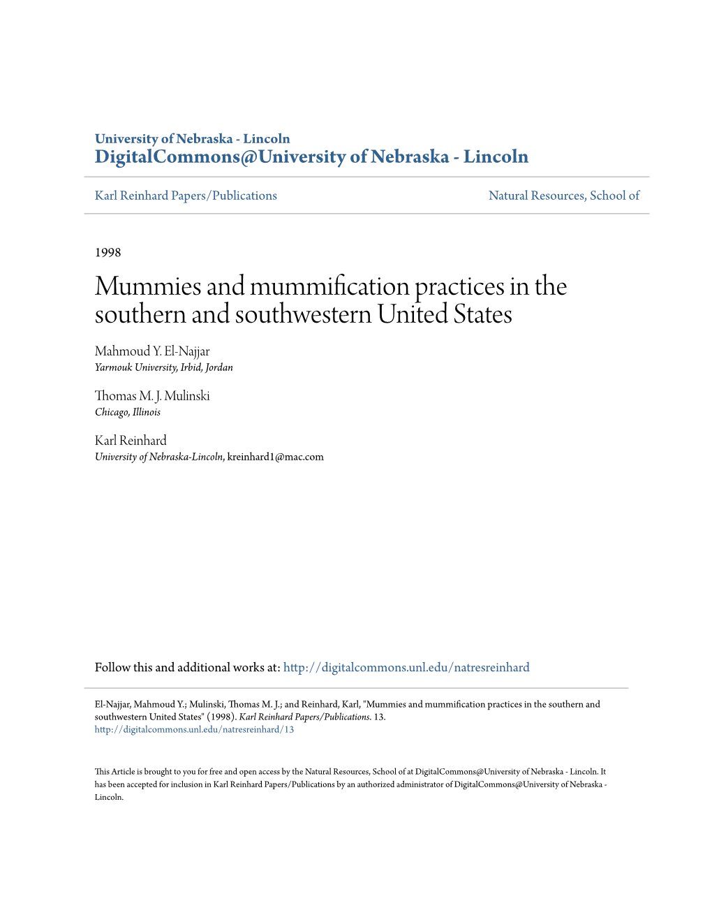 Mummies and Mummification Practices in the Southern and Southwestern United States Mahmoud Y