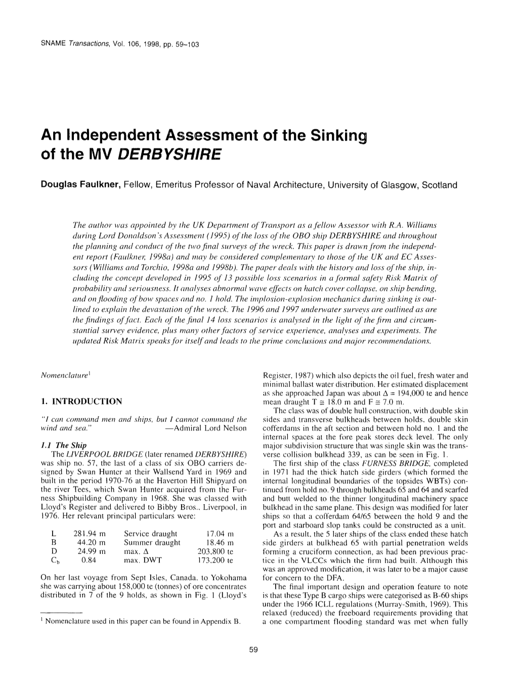 An Independent Assessment of the Sinking of the MV DERBYSHIRE