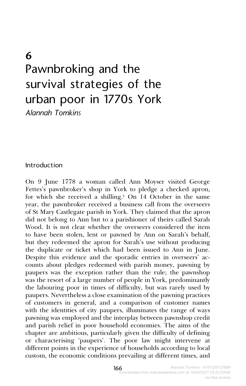 Pawnbroking and the Survival Strategies of the Urban Poor in 1770S York Alannah Tomkins