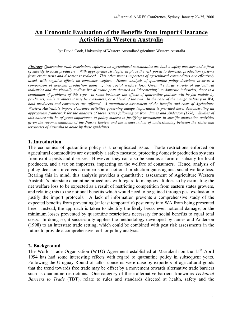 An Economic Evaluation of the Benefits from Import Clearance Activities in Western Australia