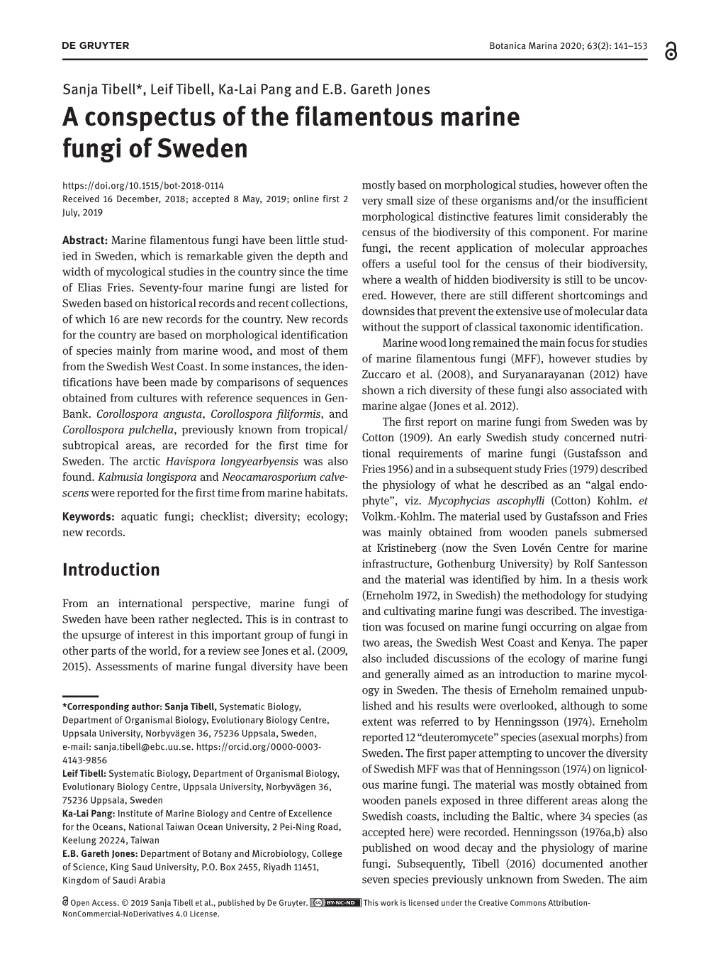 A Conspectus of the Filamentous Marine Fungi of Sweden