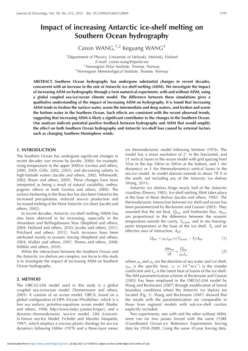 Impact of Increasing Antarctic Ice-Shelf Melting on Southern Ocean Hydrography