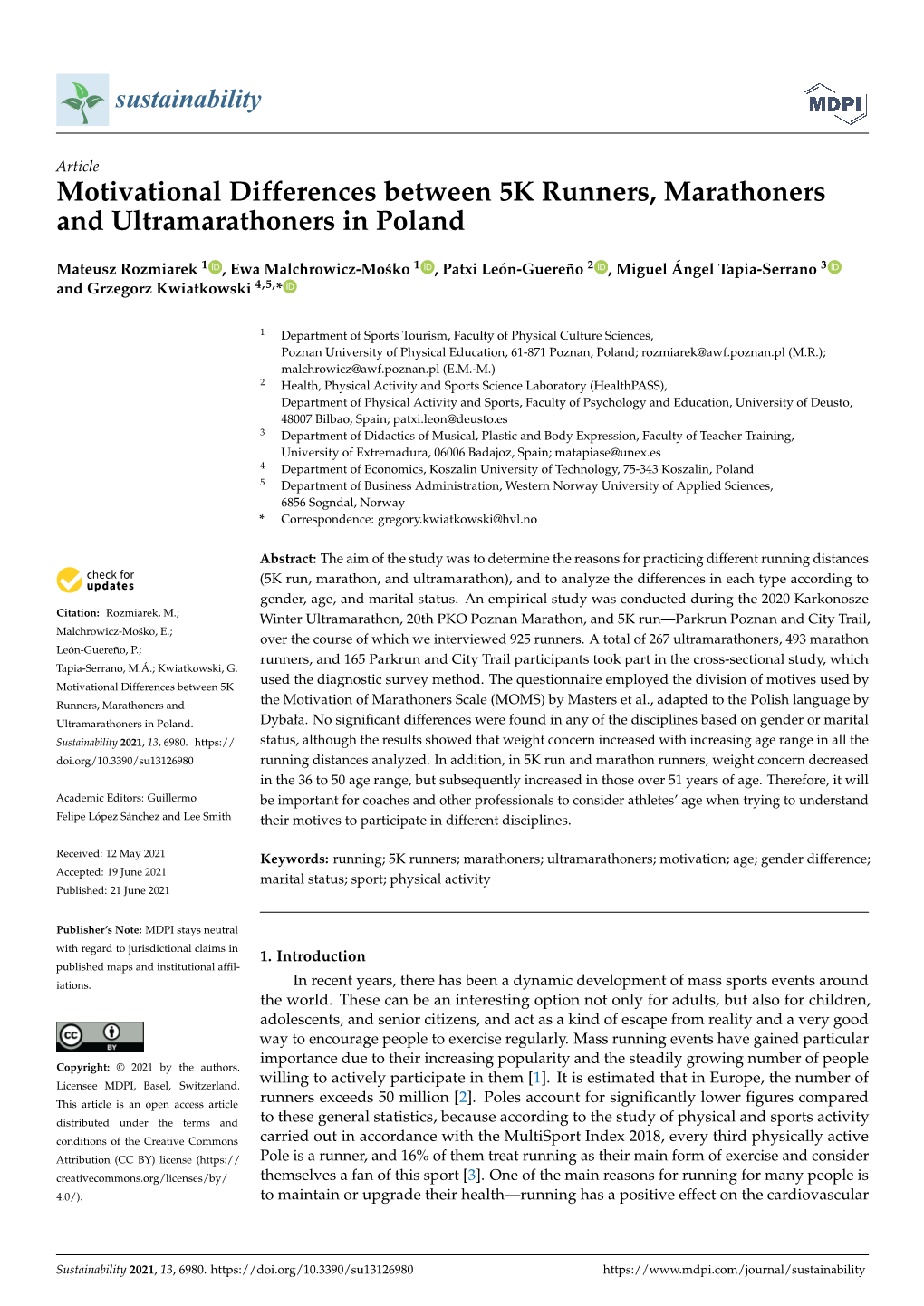 Motivational Differences Between 5K Runners, Marathoners and Ultramarathoners in Poland