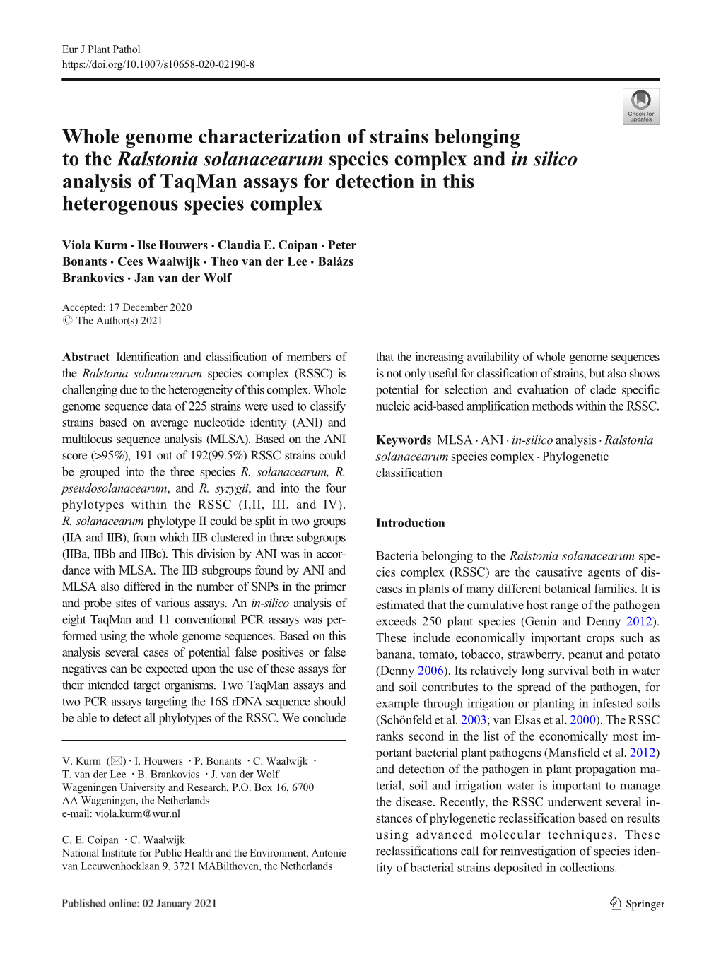 Whole Genome Characterization of Strains Belonging to the Ralstonia