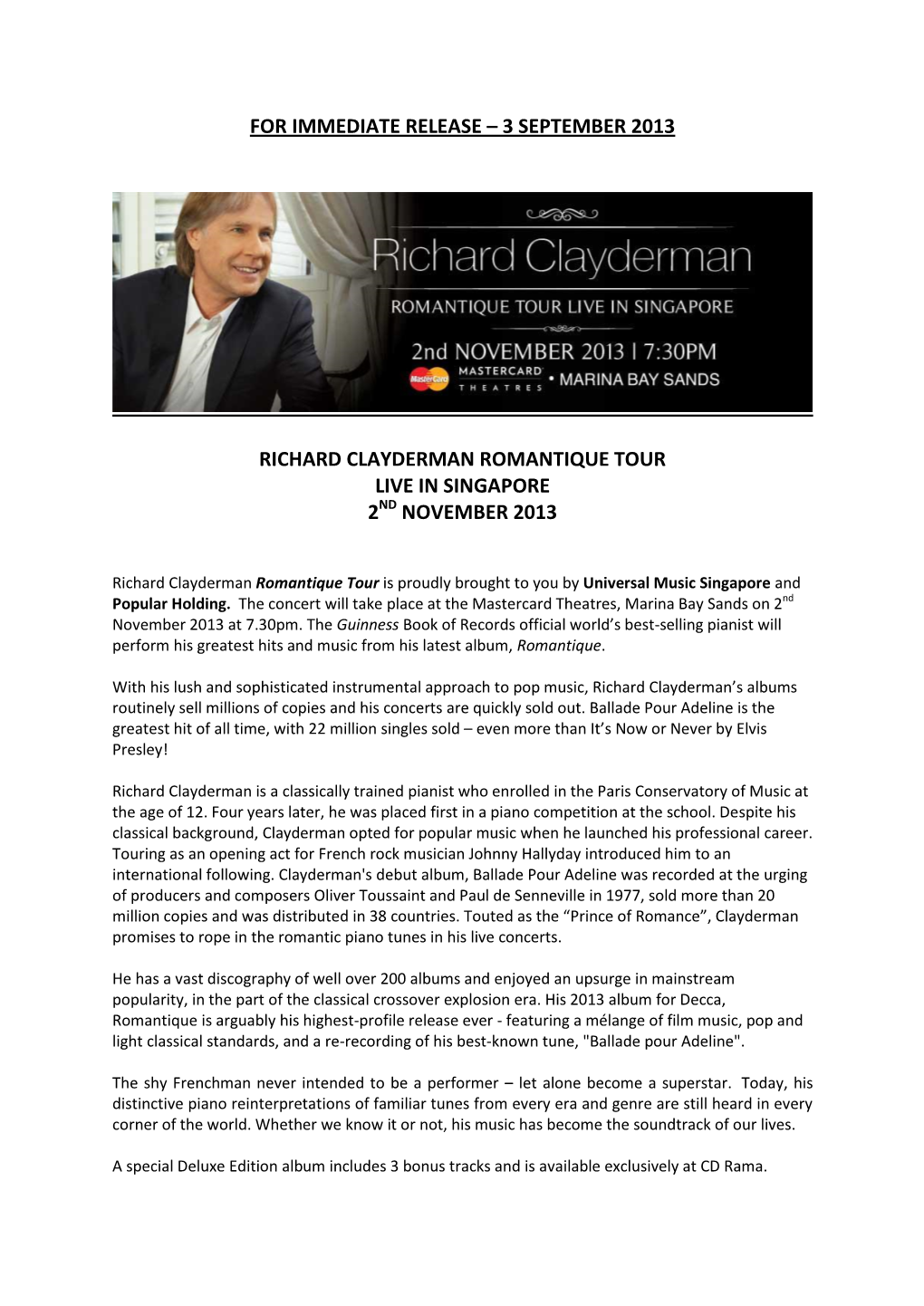 3 September 2013 Richard Clayderman Romantique Tour Live in Singapore 2