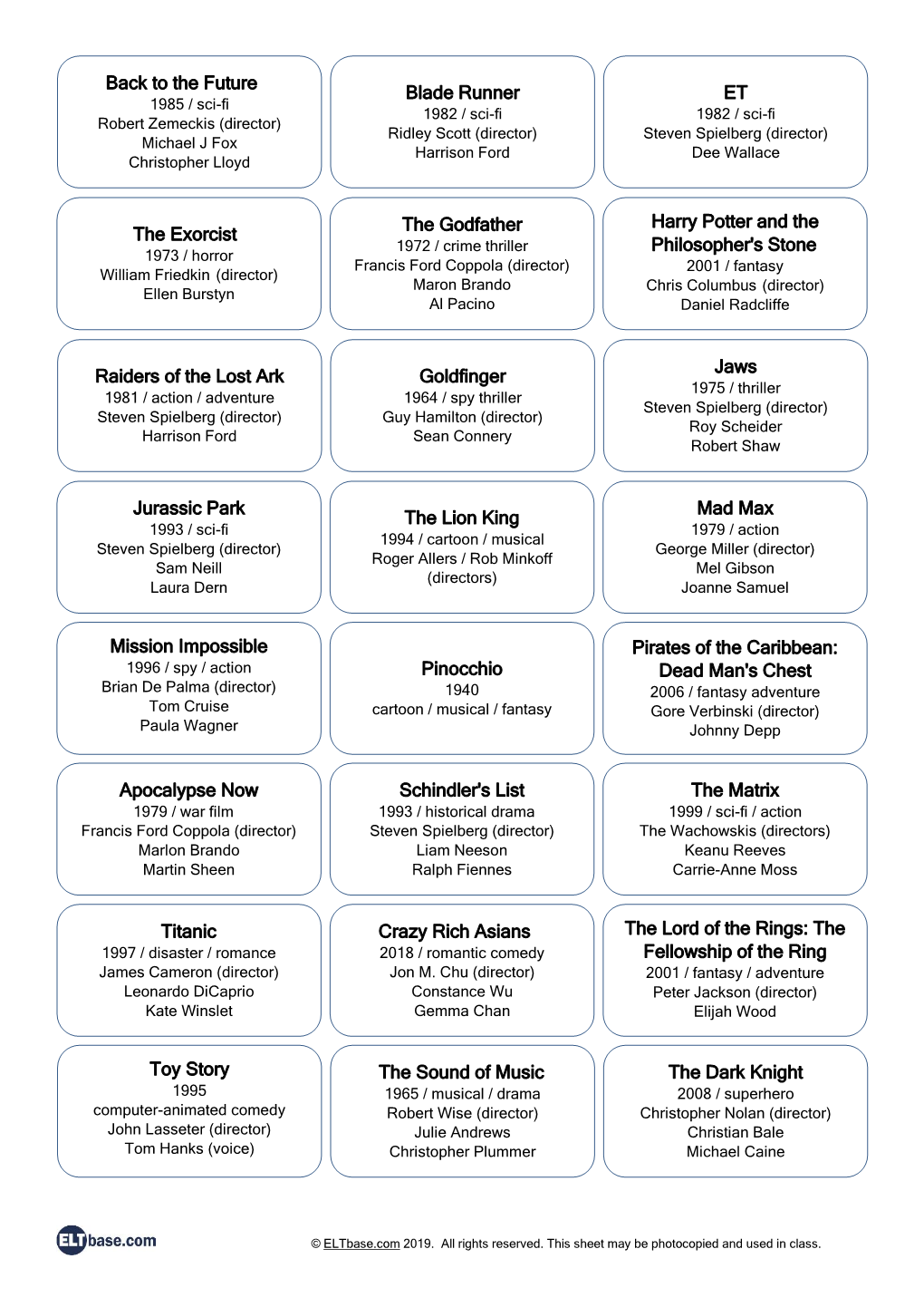 Download Films / Movies Card Game (PDF)