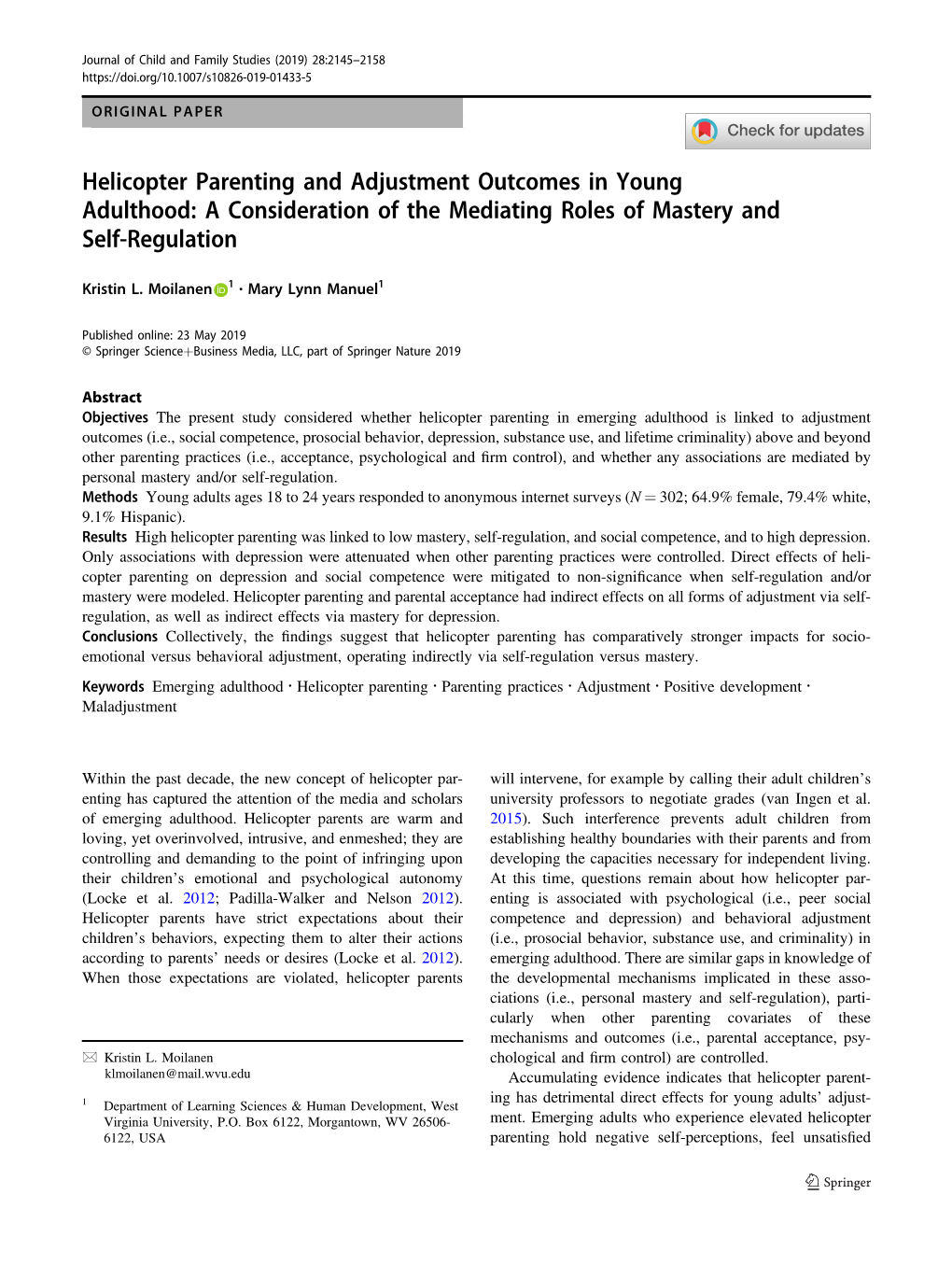 Helicopter Parenting and Adjustment Outcomes in Young Adulthood: a Consideration of the Mediating Roles of Mastery and Self-Regulation