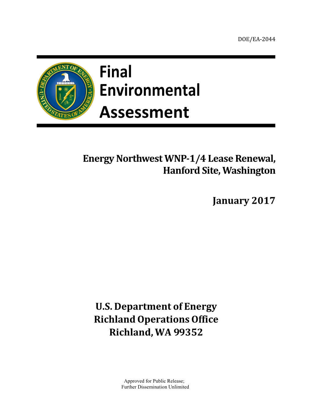 Final Environmental Assessment for the Energy Northwest WNP-1/4 Lease Renewal January 2017 I
