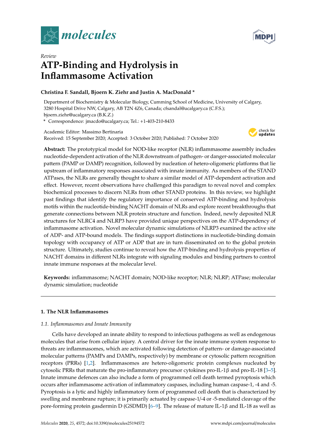 ATP-Binding and Hydrolysis in Inflammasome Activation