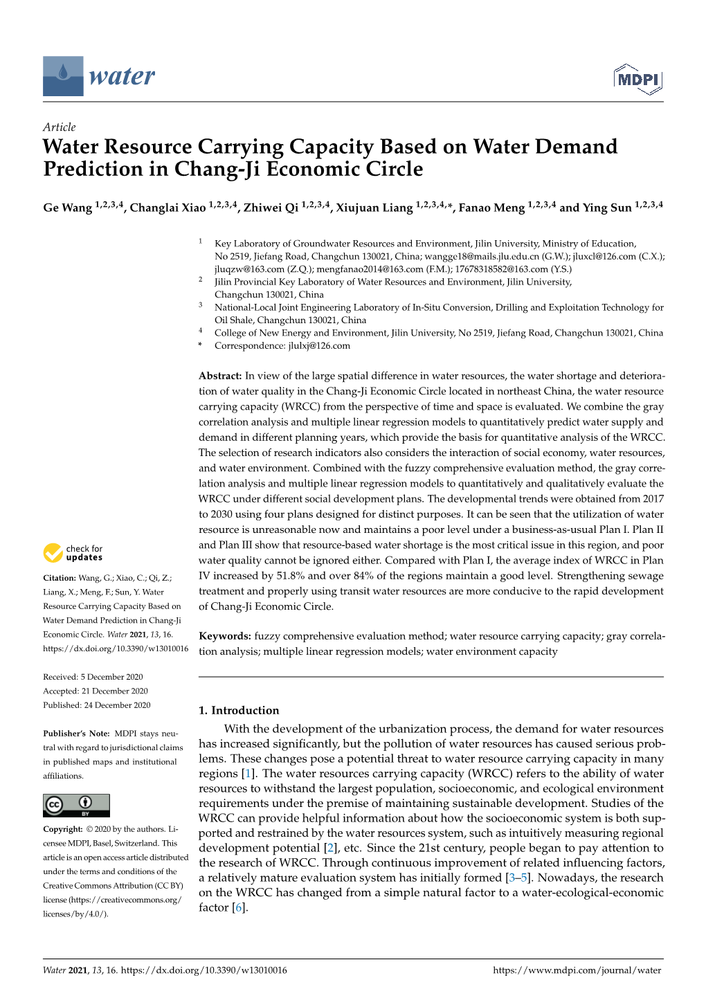 Water Resource Carrying Capacity Based on Water Demand Prediction in Chang-Ji Economic Circle