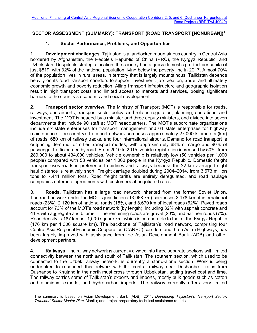 Sector Assessment (Summary): Transport (Road Transport [Nonurban])1