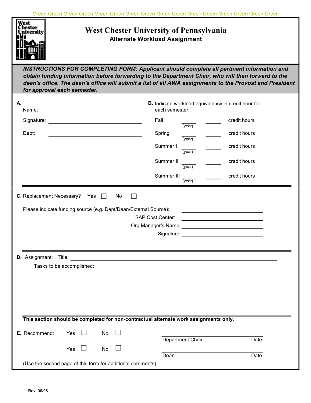 West Chester University of Pennsylvania Alternate Workload Assignment