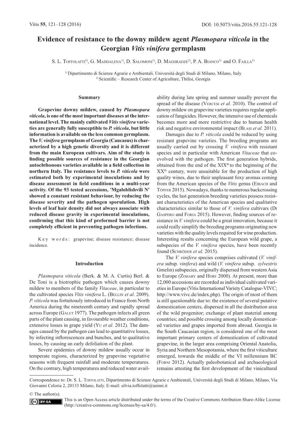 Evidence of Resistance to the Downy Mildew Agent Plasmopara Viticola in the Georgian Vitis Vinifera Germplasm