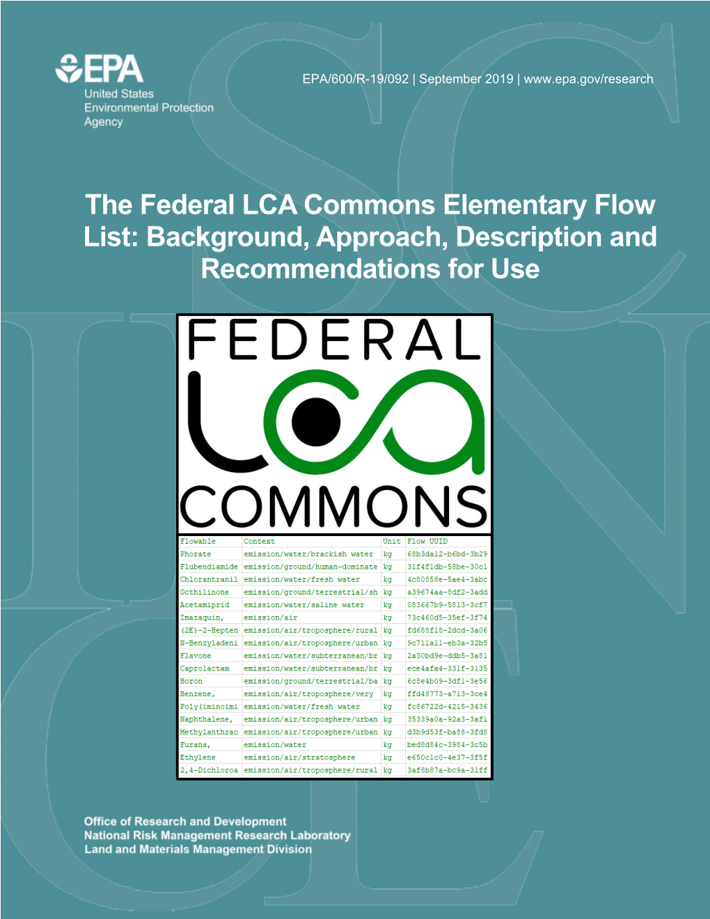 Federal LCA Commons Elementary Flow List: Background, Approach, Description and Recommendations for Use