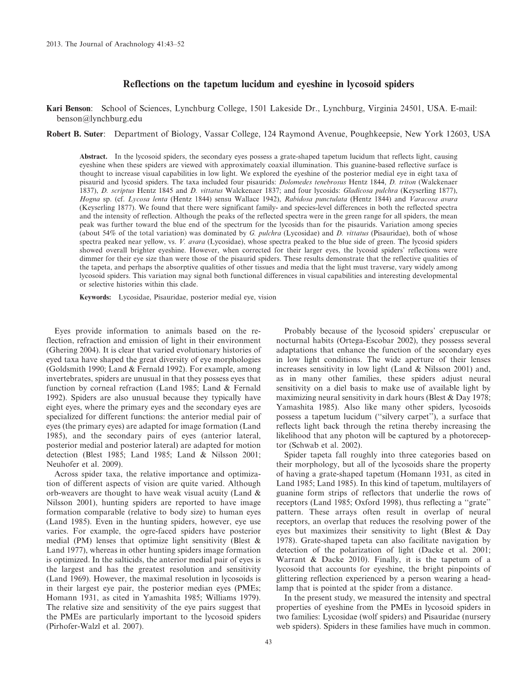 Reflections on the Tapetum Lucidum and Eyeshine in Lycosoid Spiders