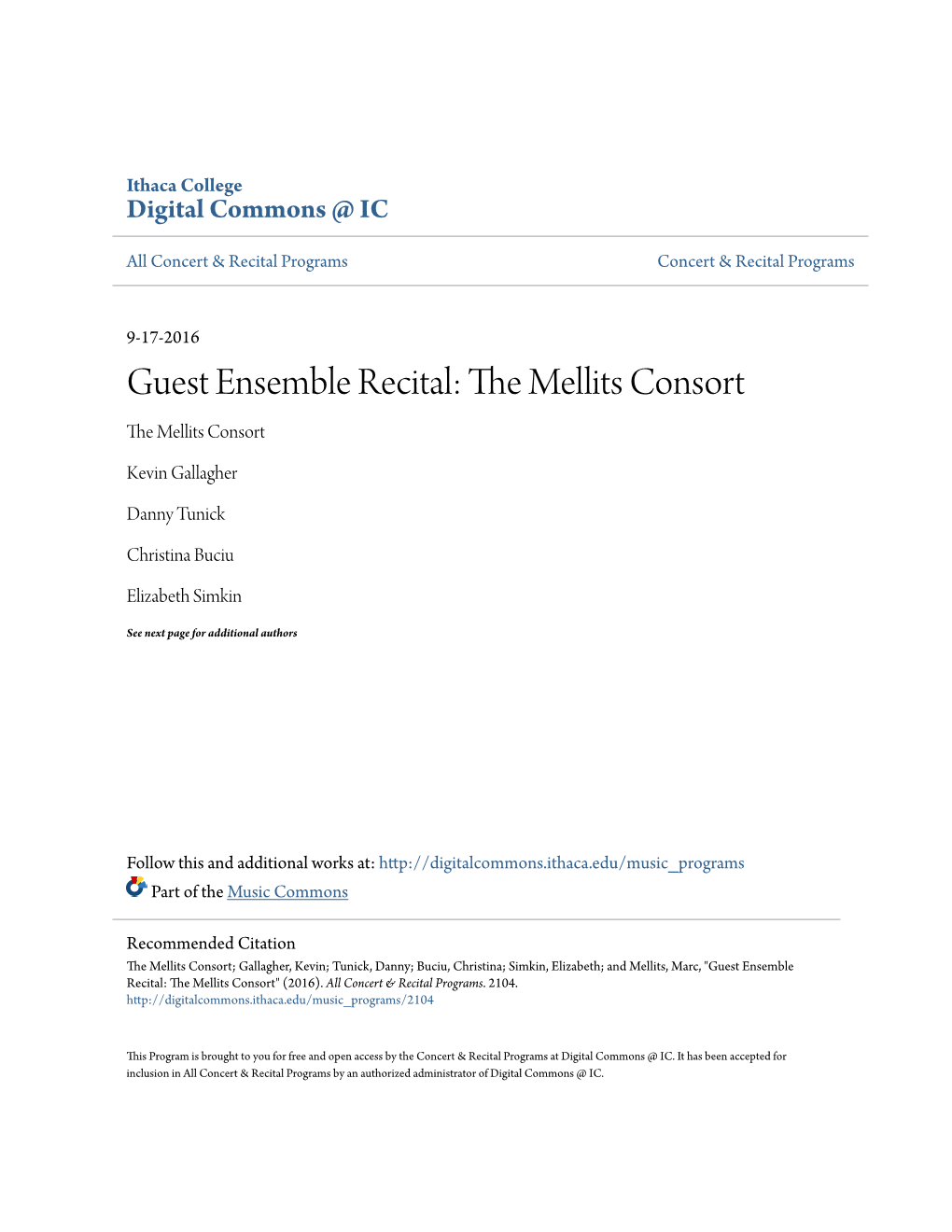 Guest Ensemble Recital: the Mellits Consort
