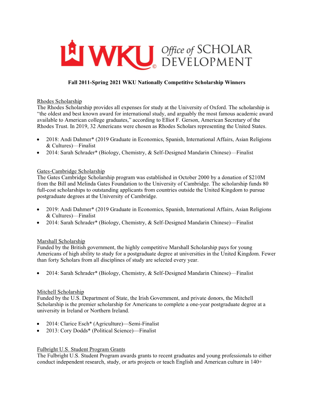 Fall 2011-Spring 2021 WKU Nationally Competitive Scholarship Winners