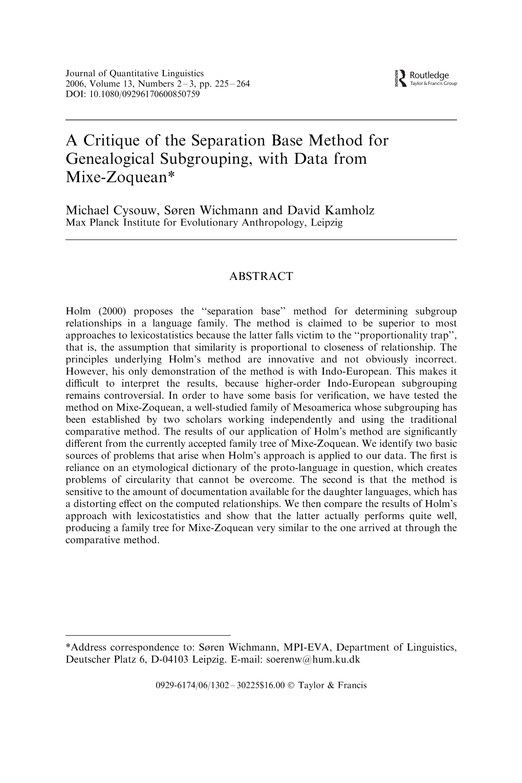 A Critique of the Separation Base Method for Genealogical Subgrouping, with Data from Mixe-Zoquean*