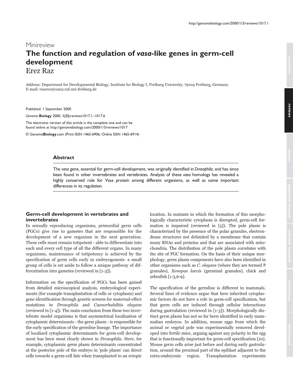 The Function and Regulation of Vasa-Like Genes in Germ-Cell C O M Development M E N