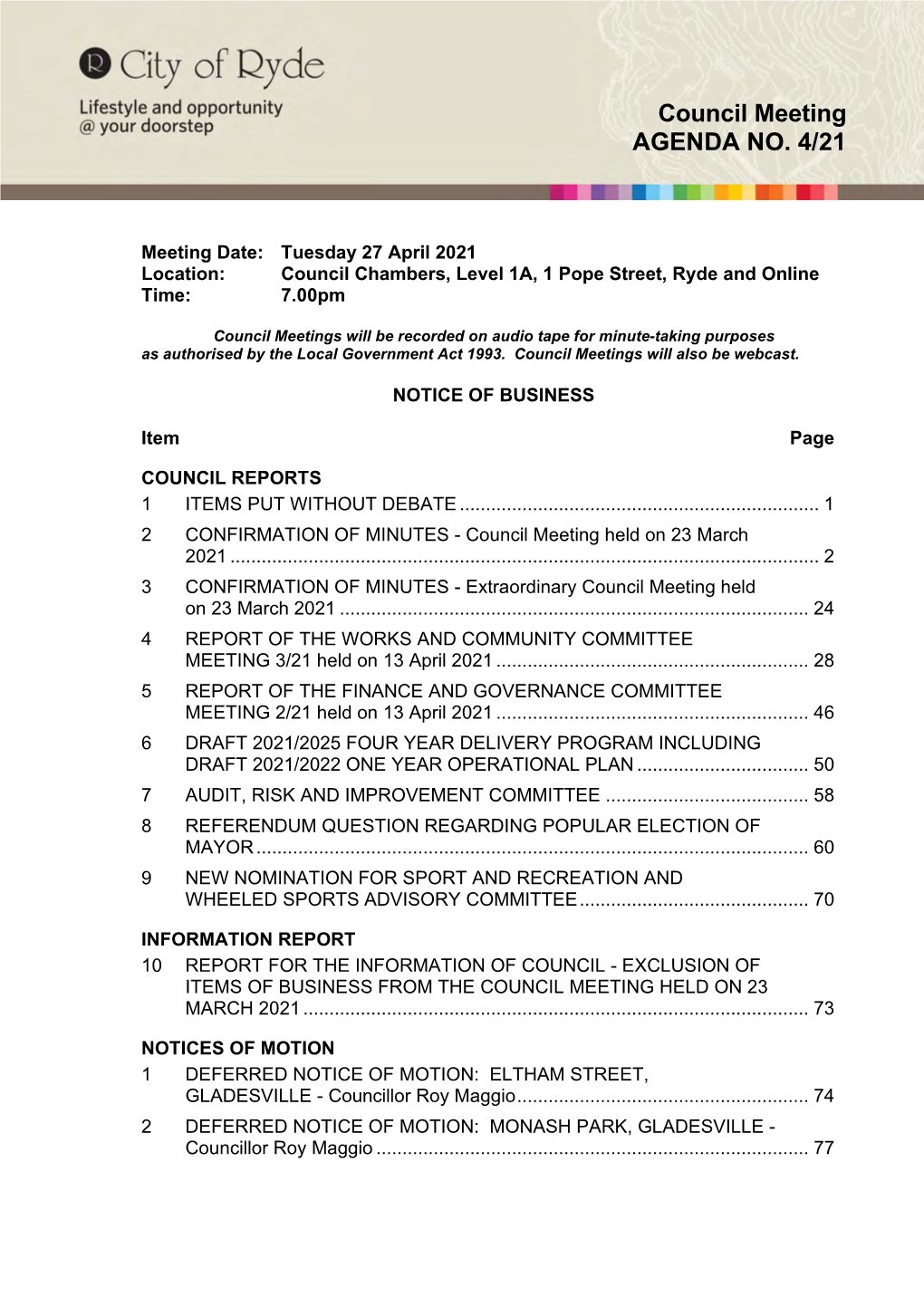 Council Meeting AGENDA NO. 4/21