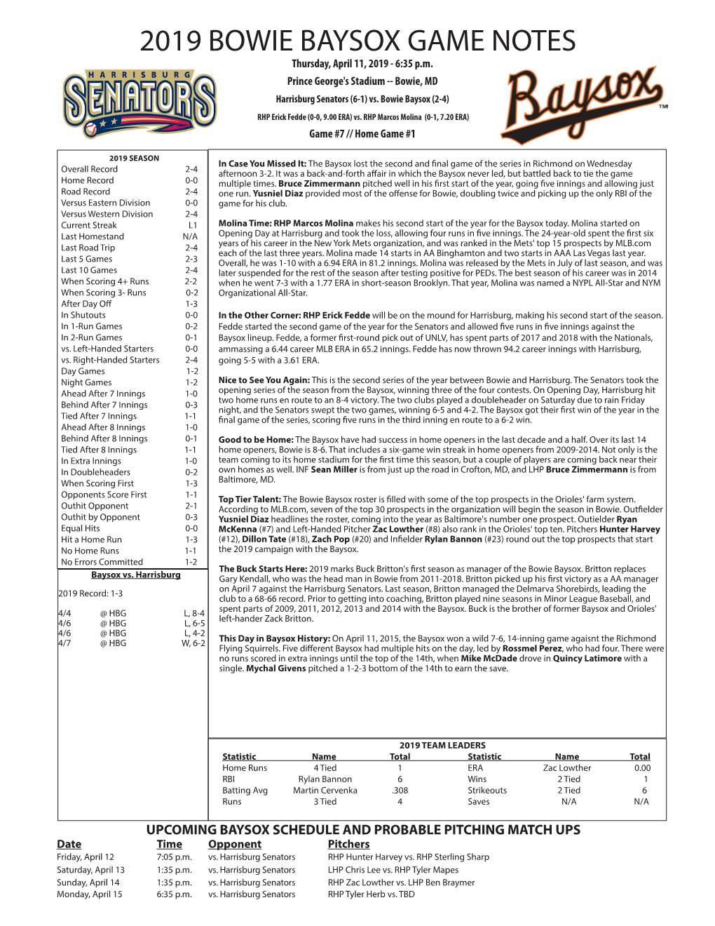 2019 BOWIE BAYSOX GAME NOTES Thursday, April 11, 2019 - 6:35 P.M