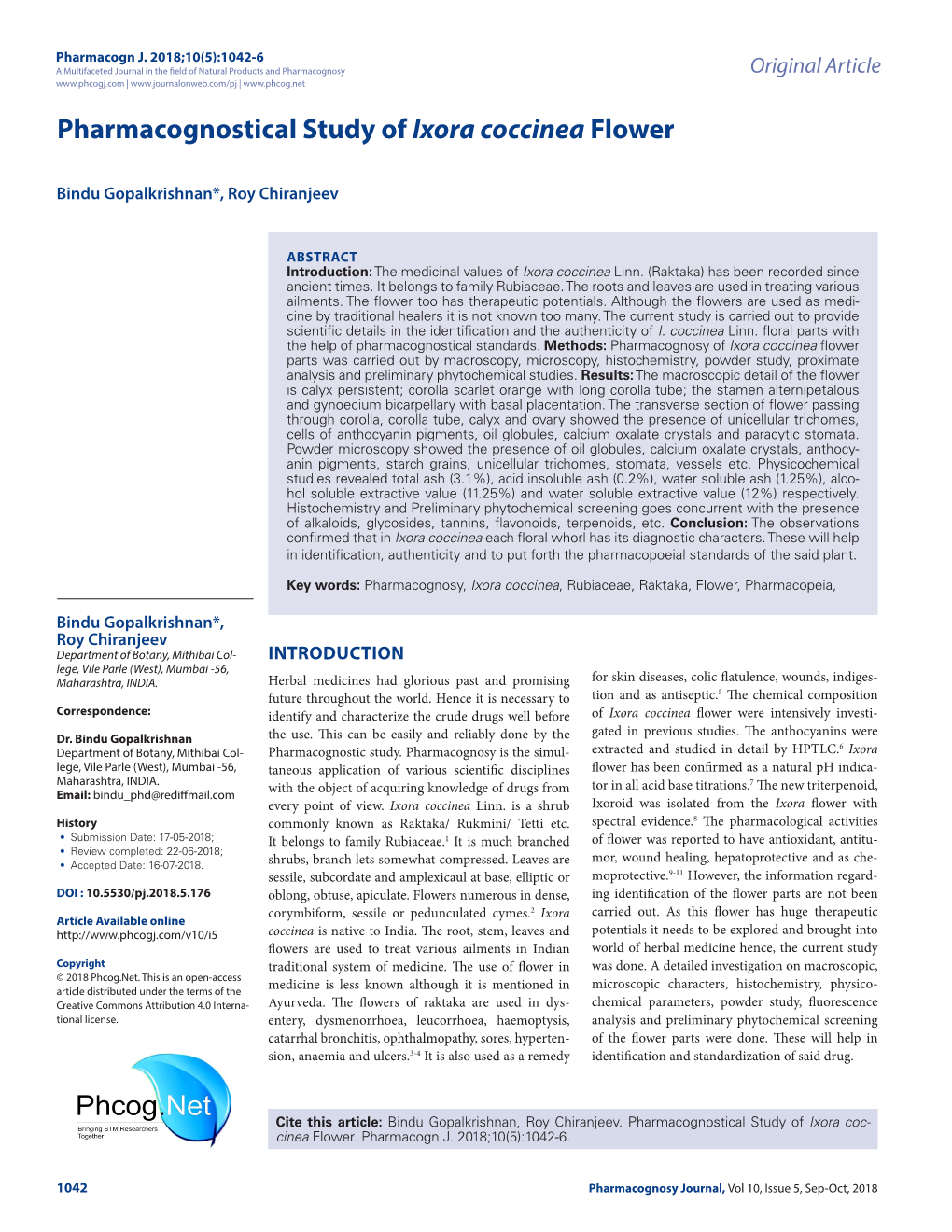 Pharmacognostical Study of Ixora Coccinea Flower