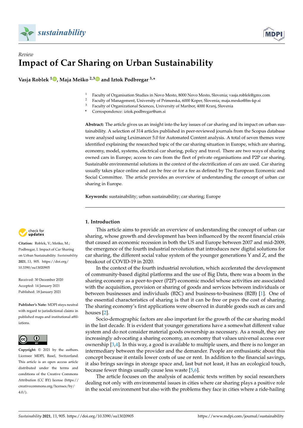 Impact of Car Sharing on Urban Sustainability