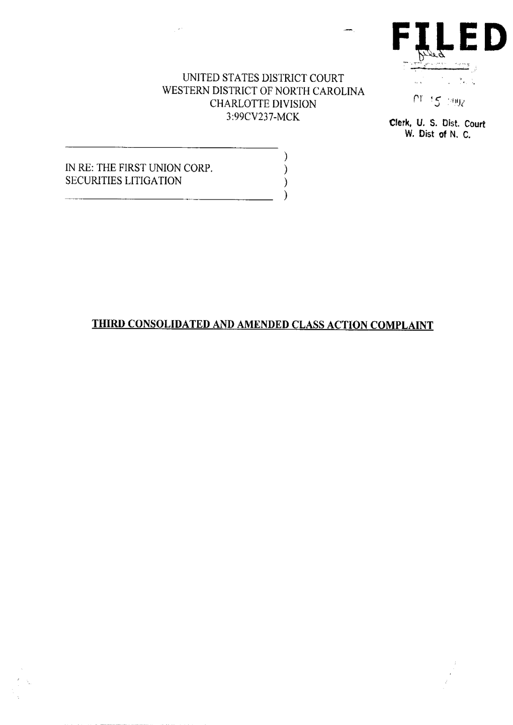 First Union Corporation Securities Litigation 99-CV-00237-Third