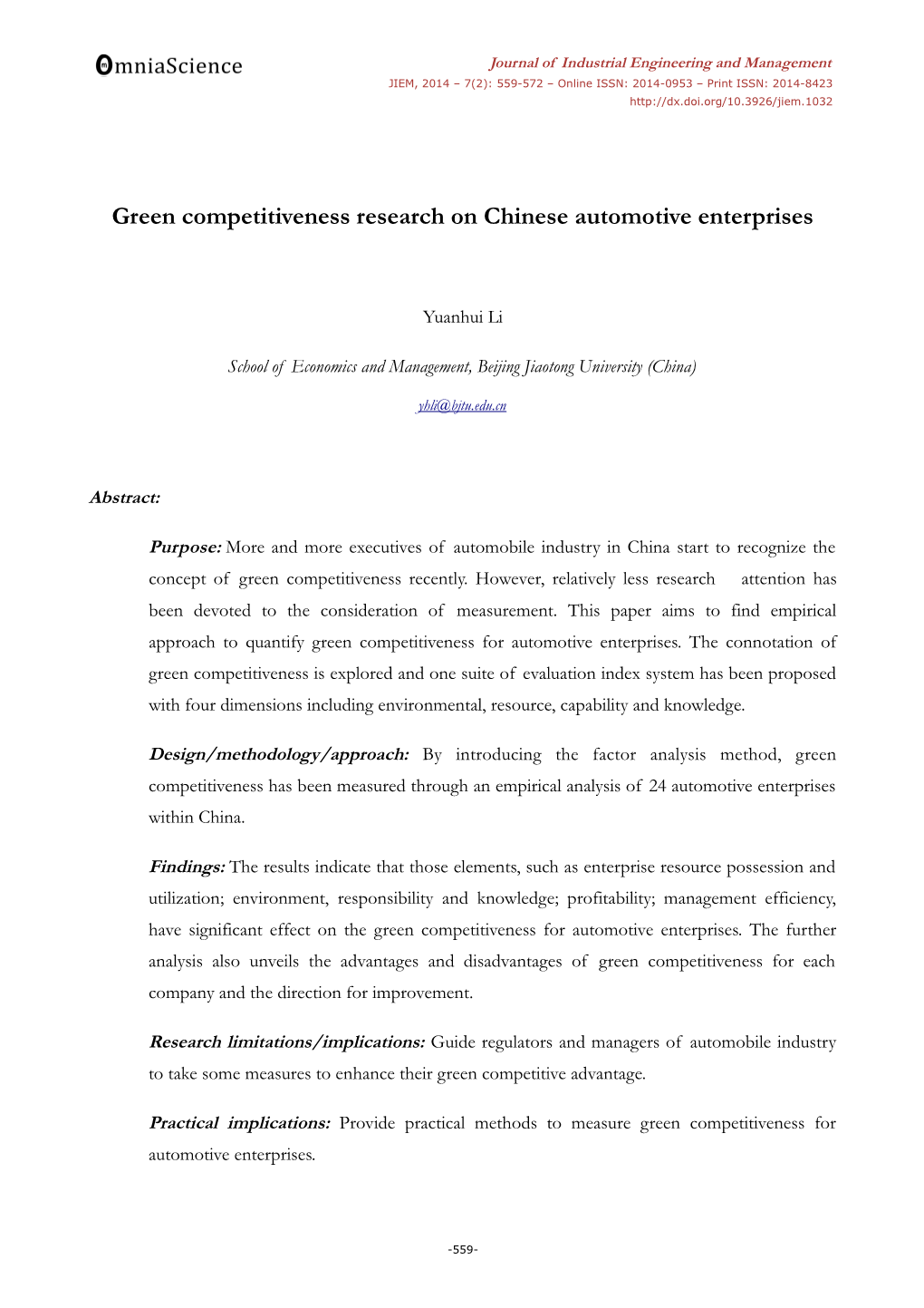 Green Competitiveness Research on Chinese Automotive Enterprises