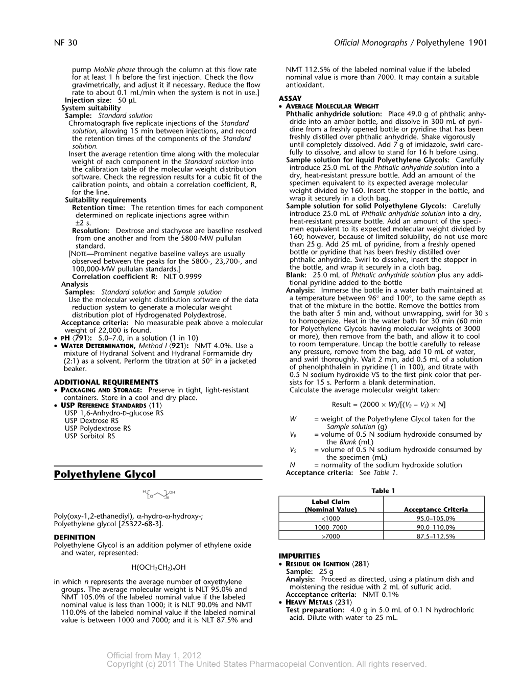 Polyethylene Glycols: Carefully the Calibration Table of the Molecular Weight Distribution Introduce 25.0 Ml of the Phthalic Anhydride Solution Into a Software