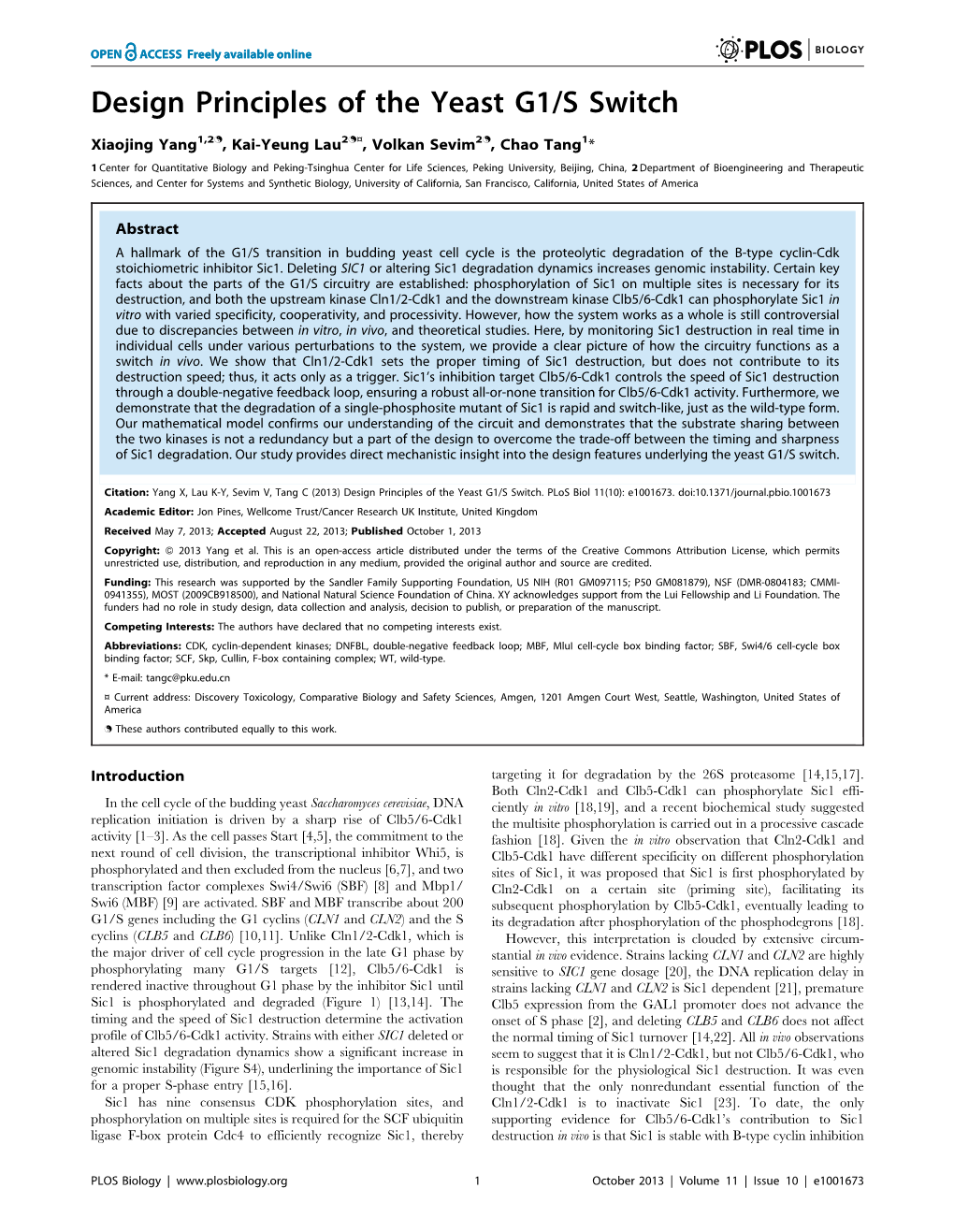 Design Principles of the Yeast G1/S Switch