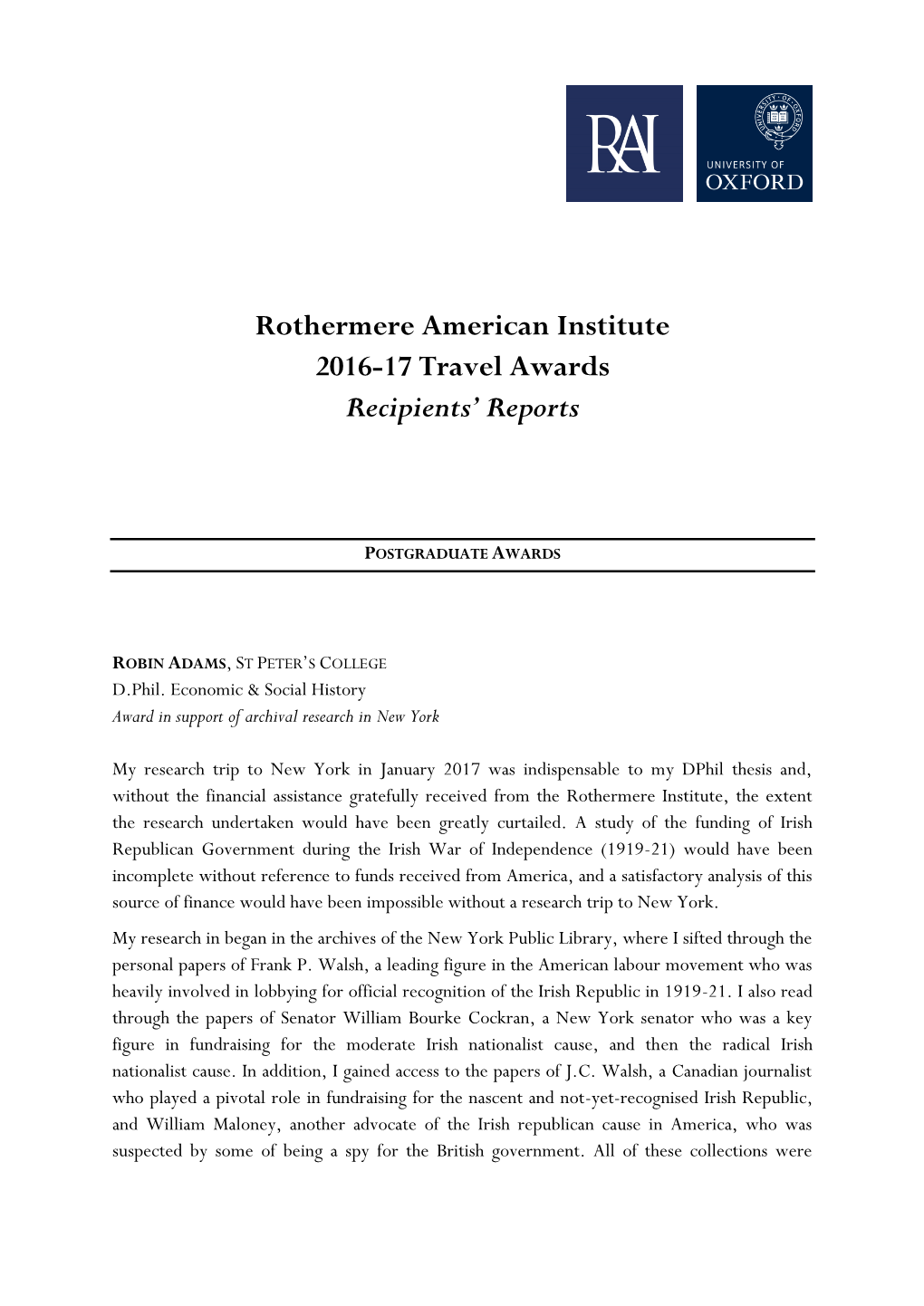 Rothermere American Institute 2016-17 Travel Awards Recipients’ Reports