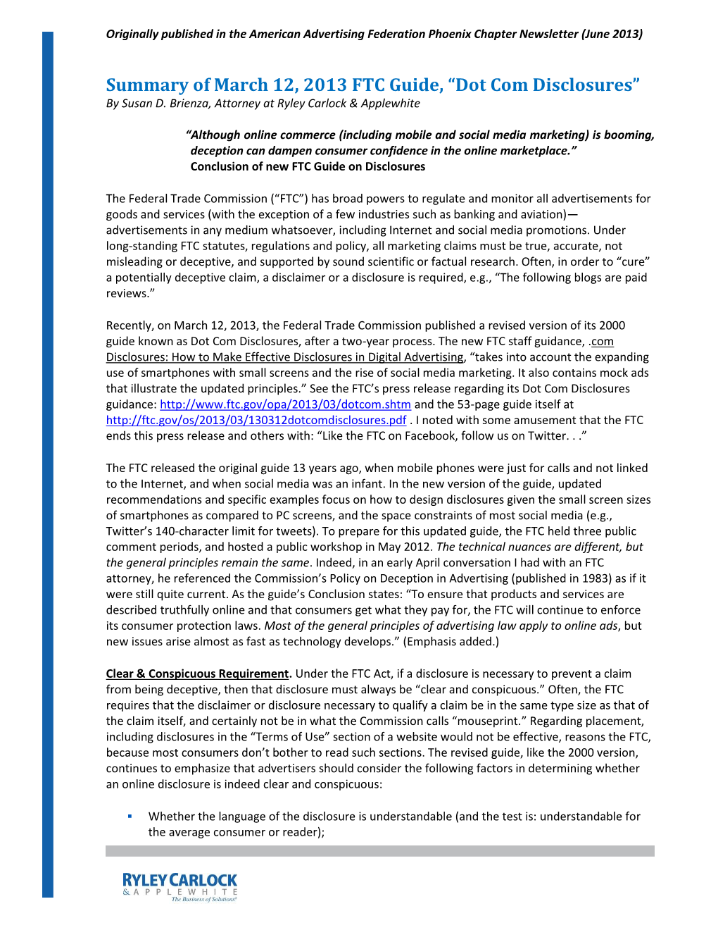 Summary of March 12, 2013 FTC Guide, “Dot Com Disclosures” by Susan D