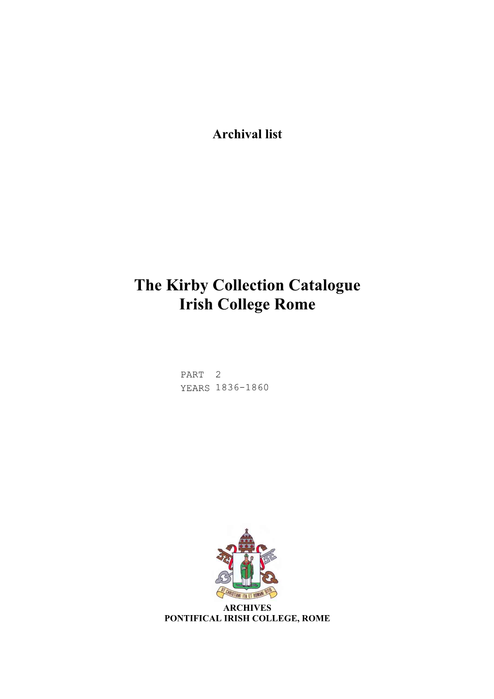 The Kirby Collection Catalogue Irish College Rome