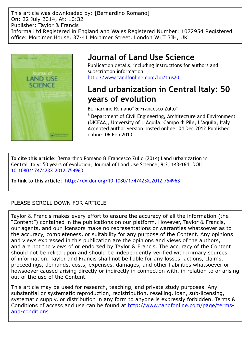 Land Urbanization in Central Italy: 50 Years of Evolution