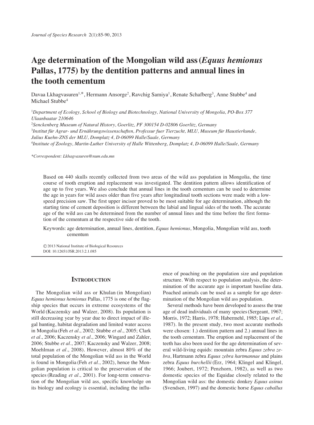 Age Determination of the Mongolian Wild Ass (Equus Hemionus Pallas, 1775) by the Dentition Patterns and Annual Lines in the Tooth Cementum