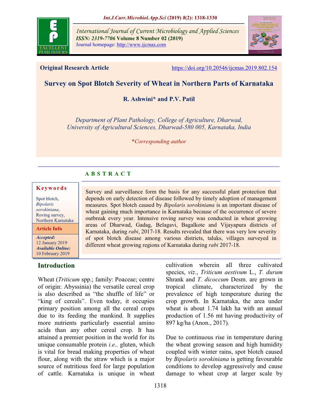 Survey on Spot Blotch Severity of Wheat in Northern Parts of Karnataka