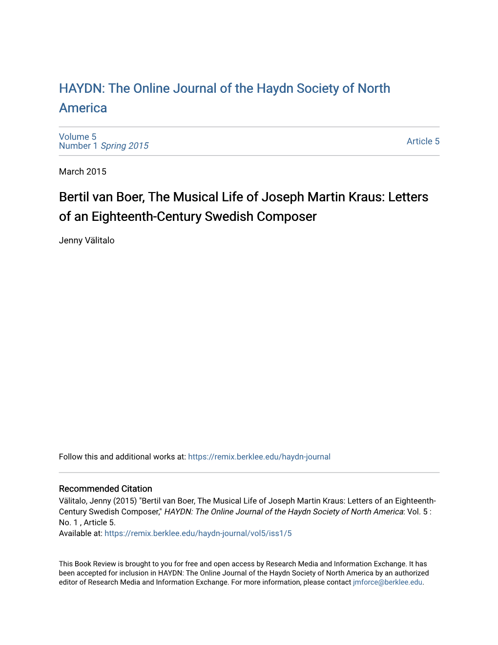 Bertil Van Boer, the Musical Life of Joseph Martin Kraus: Letters of an Eighteenth-Century Swedish Composer