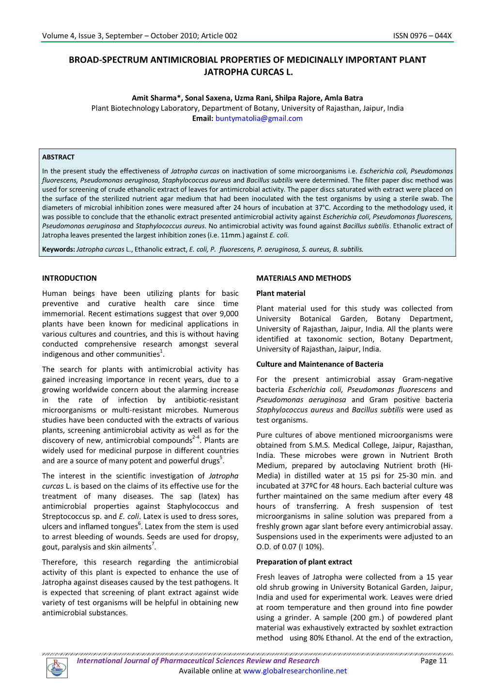 Broad-Spectrum Antimicrobial Properties of Medicinally Important Plant Jatropha Curcas L