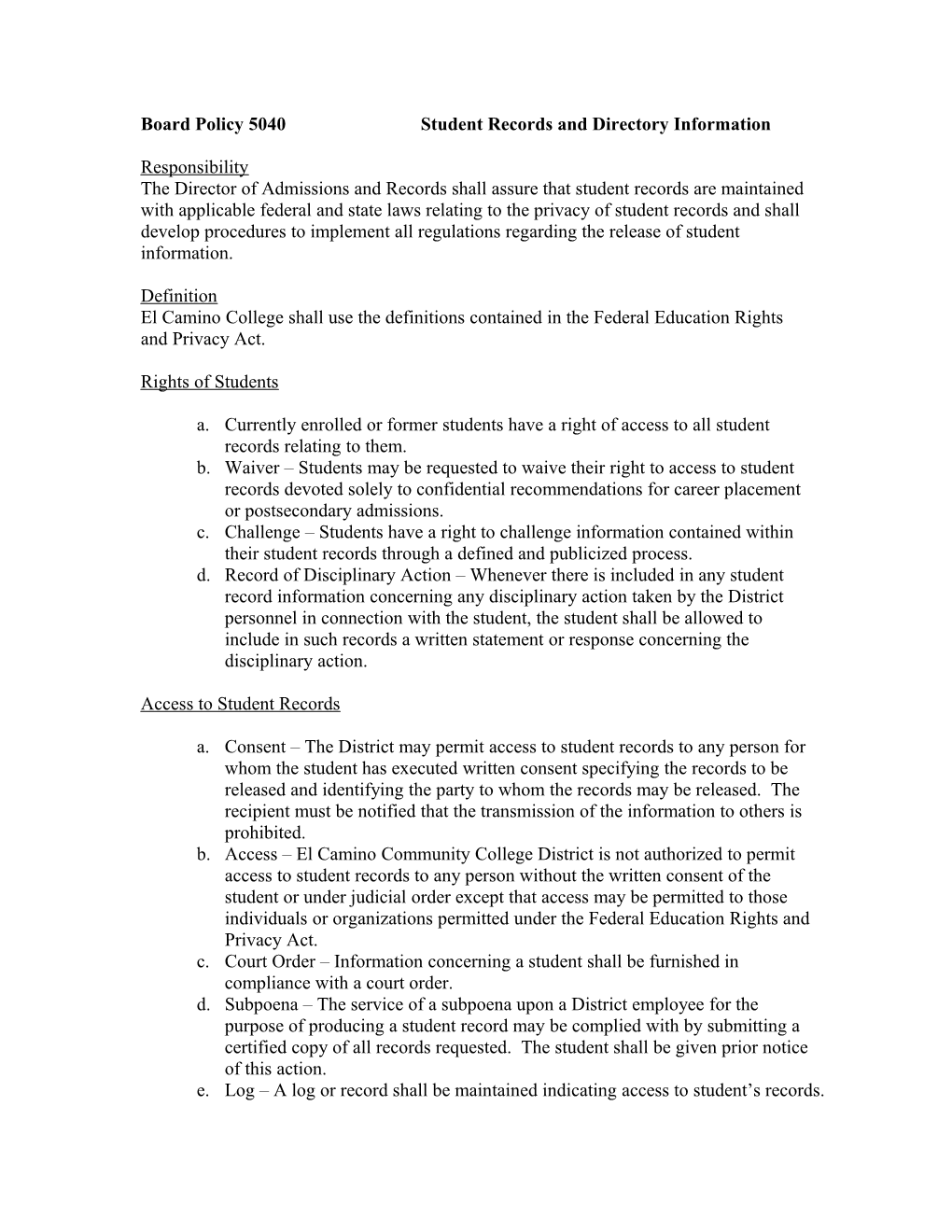 Board Policy 5040 Student Records and Directory Information