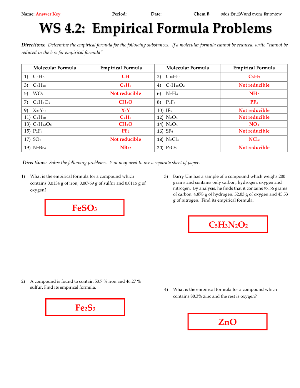 WS 4.2: Empirical Formula Problems