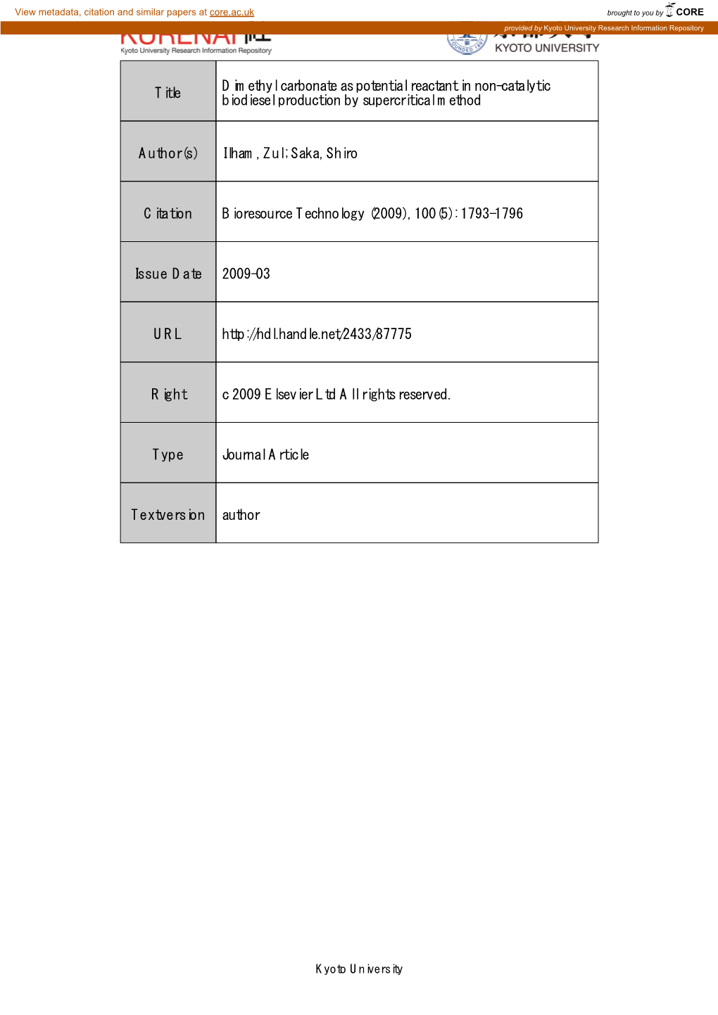 Title Dimethyl Carbonate As Potential Reactant in Non-Catalytic