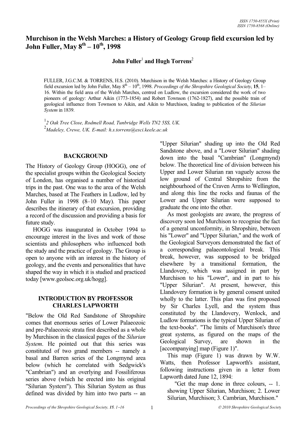 Murchison in the Welsh Marches: a History of Geology Group Field Excursion Led by John Fuller, May 8 – 10 , 1998