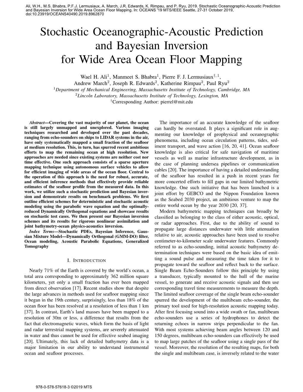 Stochastic Oceanographic-Acoustic Prediction and Bayesian Inversion for Wide Area Ocean Floor Mapping